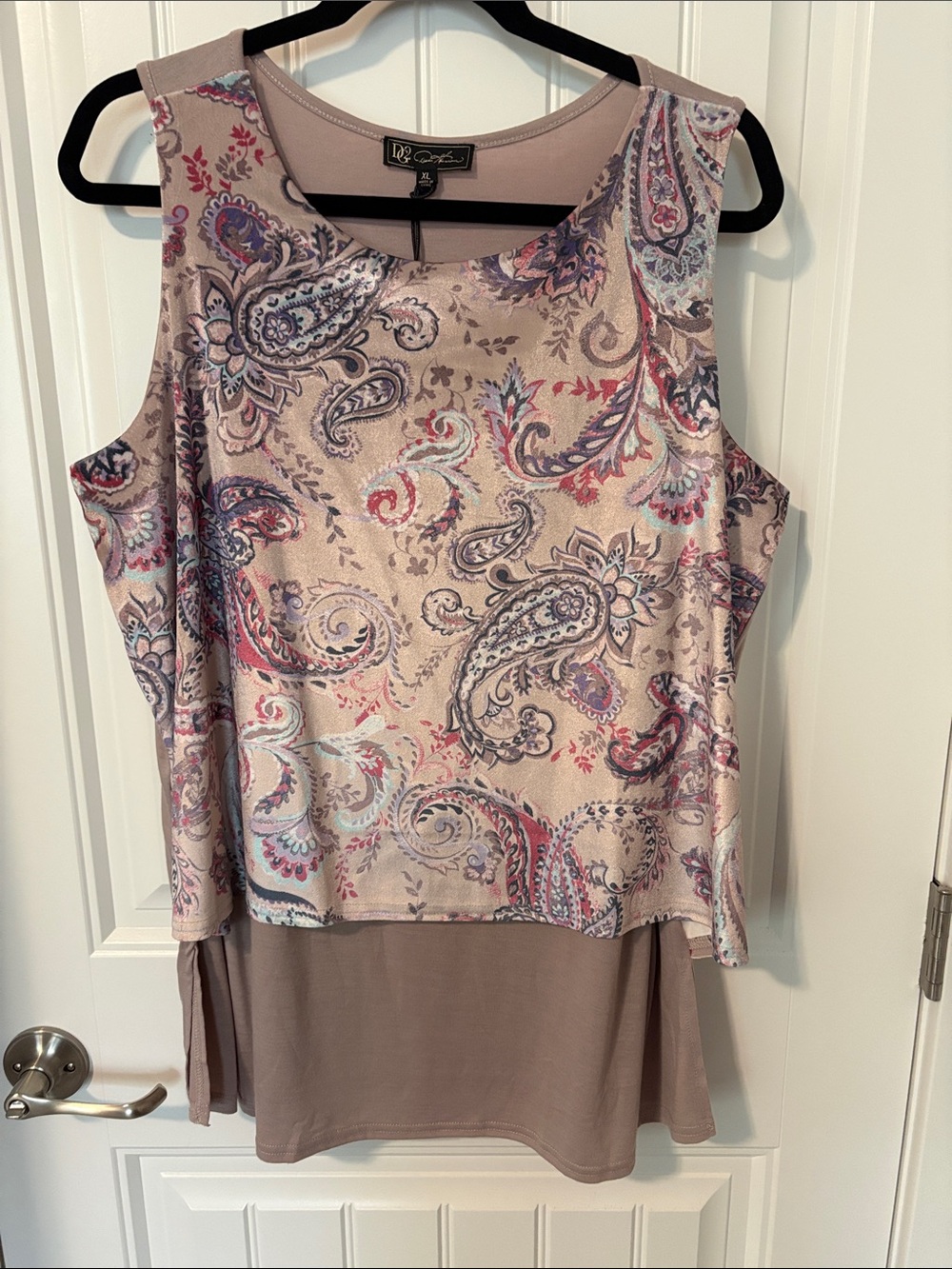 DG2 by Diane Gilman Taupe Paisley Layered Easy Tank with Pink and Blue Accents